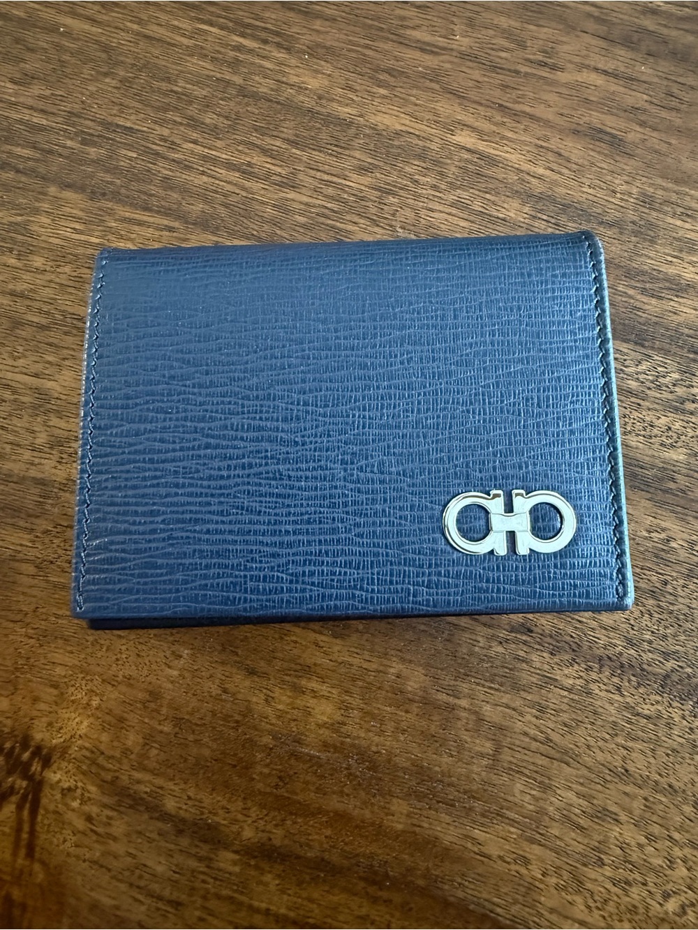 Salvatore Ferragamo Navy Blue Leather Card & Key Holder with Silver Gancini